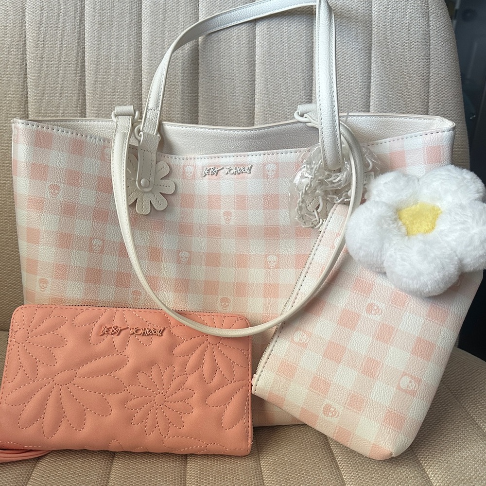 BETSEY JOHNSON Pink and White Gingham Skull  Tote NWT